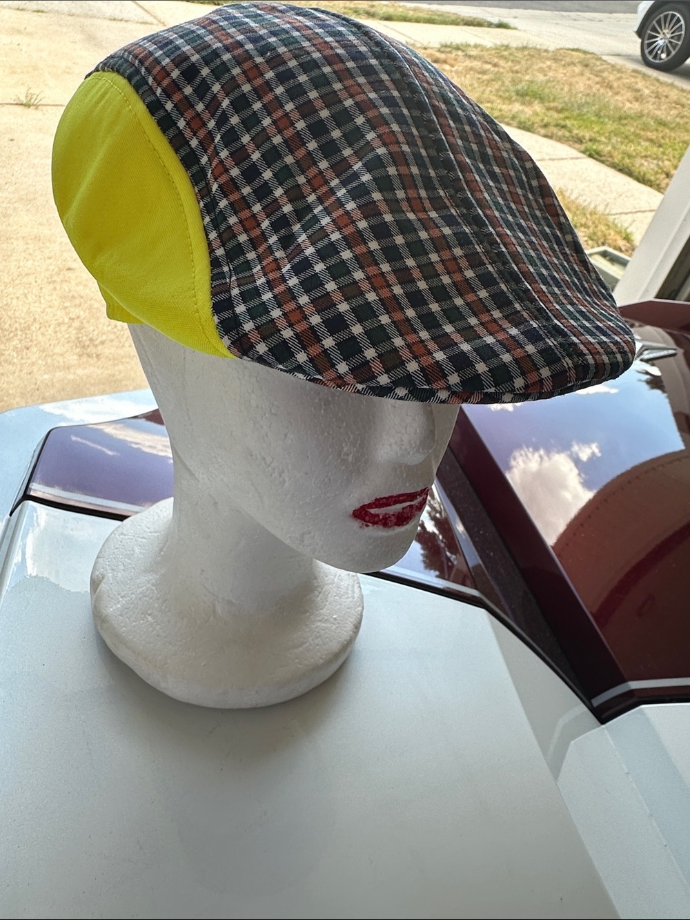 Plaid Newsboy Cap with Neon Yellow Panels